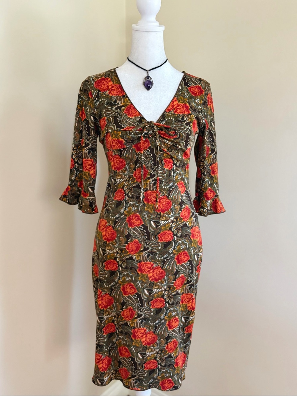 Vintage 90s Y2K autumn fairy witch paisley rose floral tie midi dress brown XS